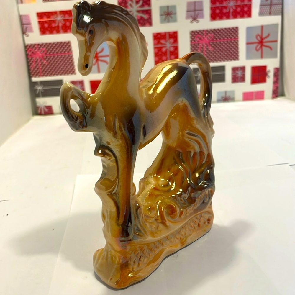 Vintage Prancing Lusterware Cream and Tan Ceramic Horse Art Figurines